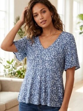Cynthia Rowley Blue Floral V-Neck Boho Blouse Size M